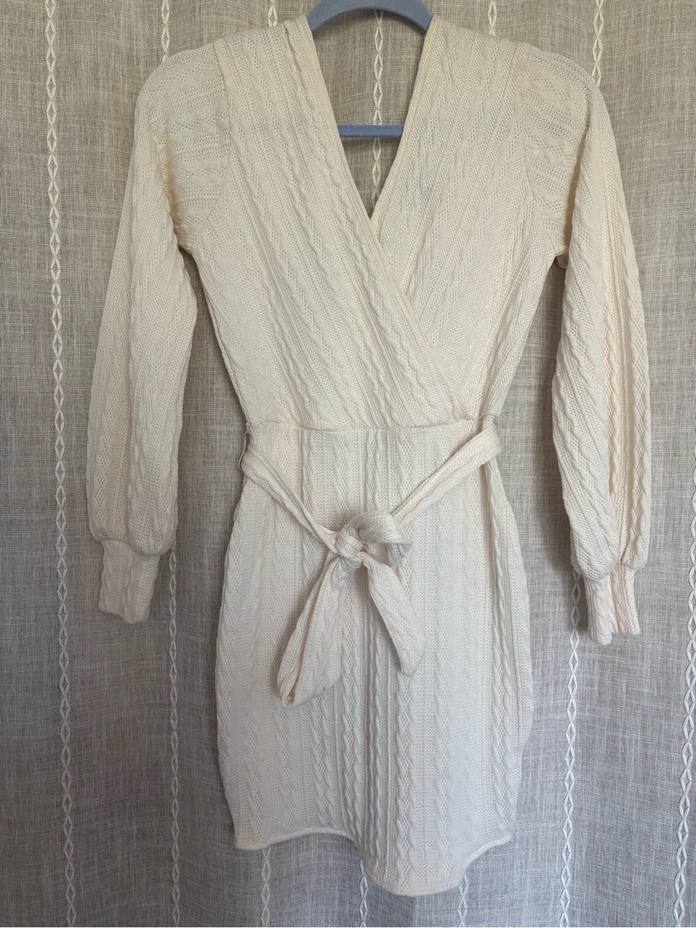 Cream Cable Knit Wrap Dress with Tie Waist